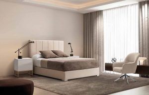 Contemporary luxury modern beige bedroom with stool and a carpet