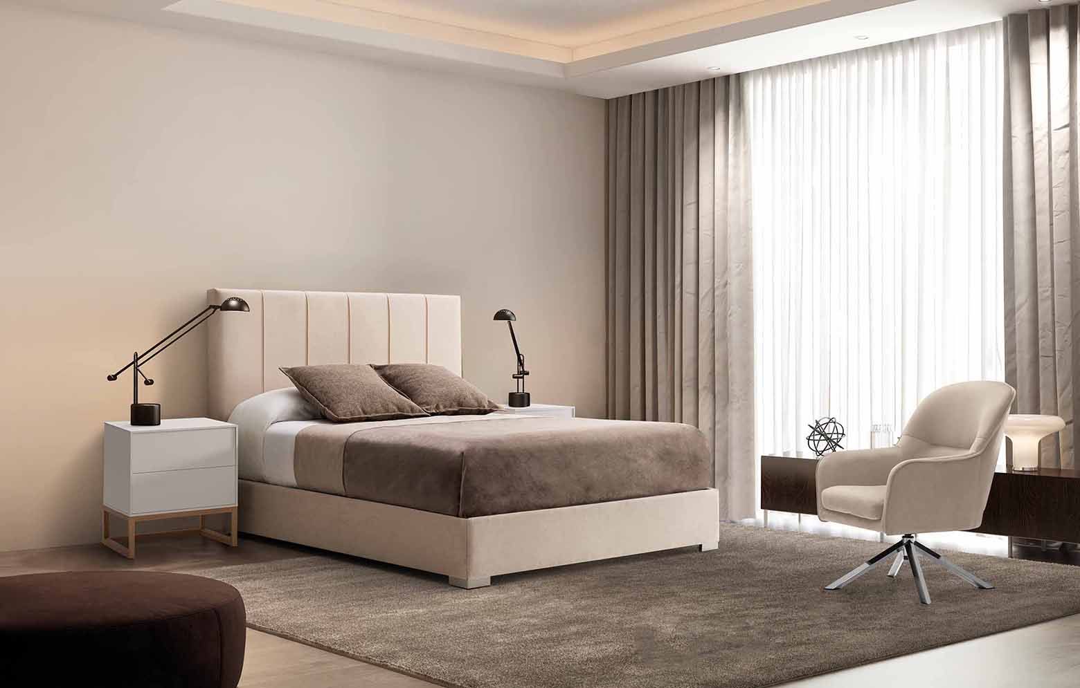 Contemporary luxury modern beige bedroom with stool and a carpet