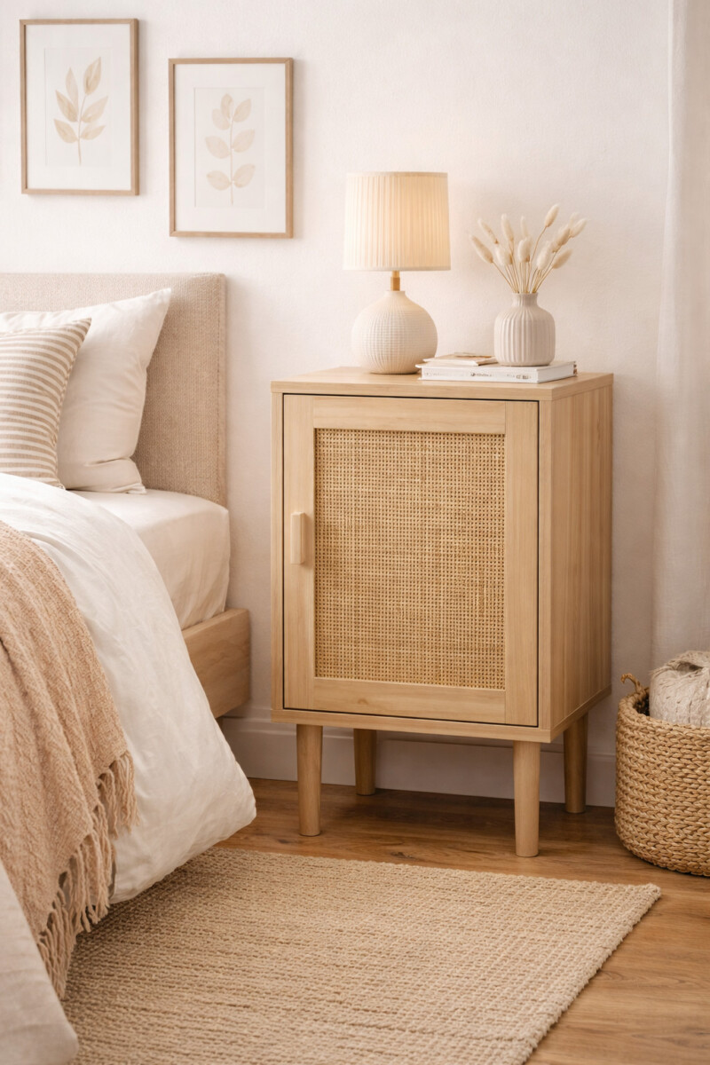 Rincón bohemio con mueble de madera